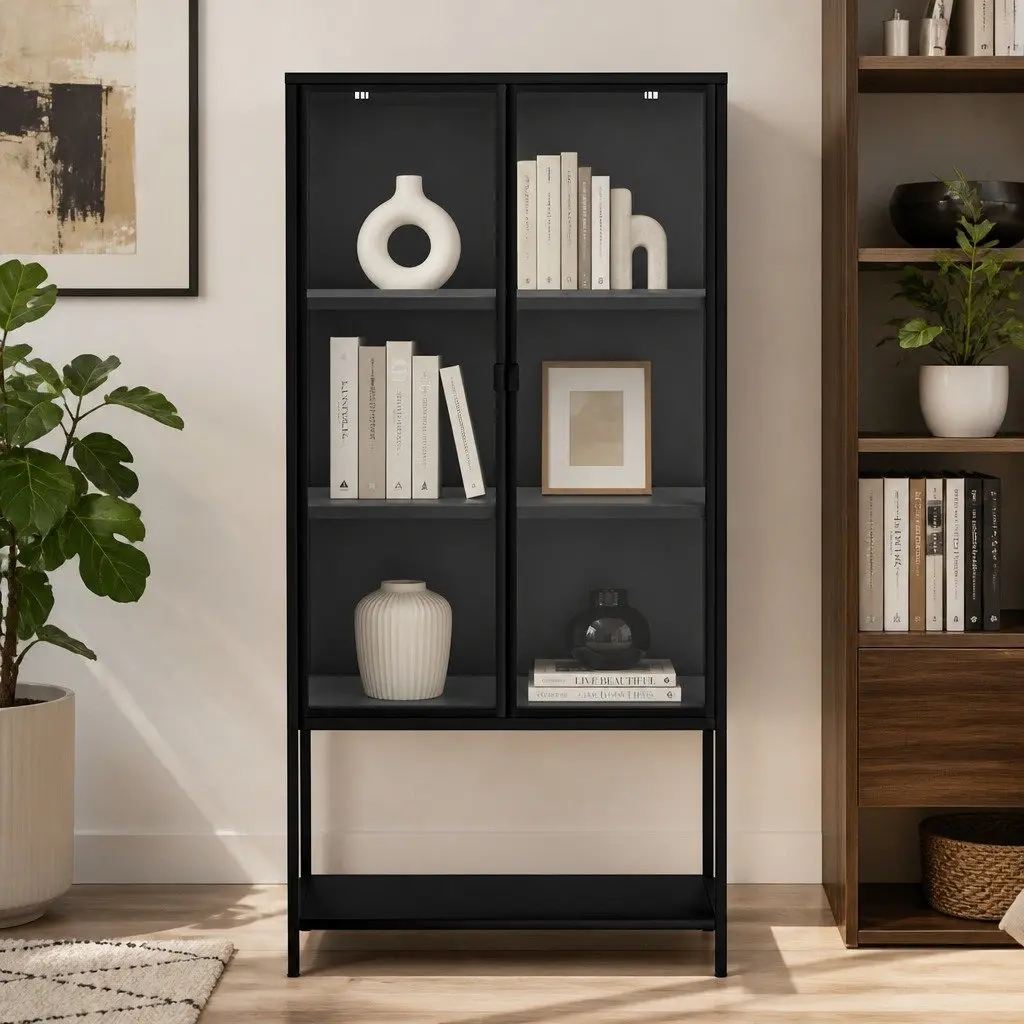 4 Tier Glass Display Cabinet 80cm Tempered Glass Storage Shelving Black