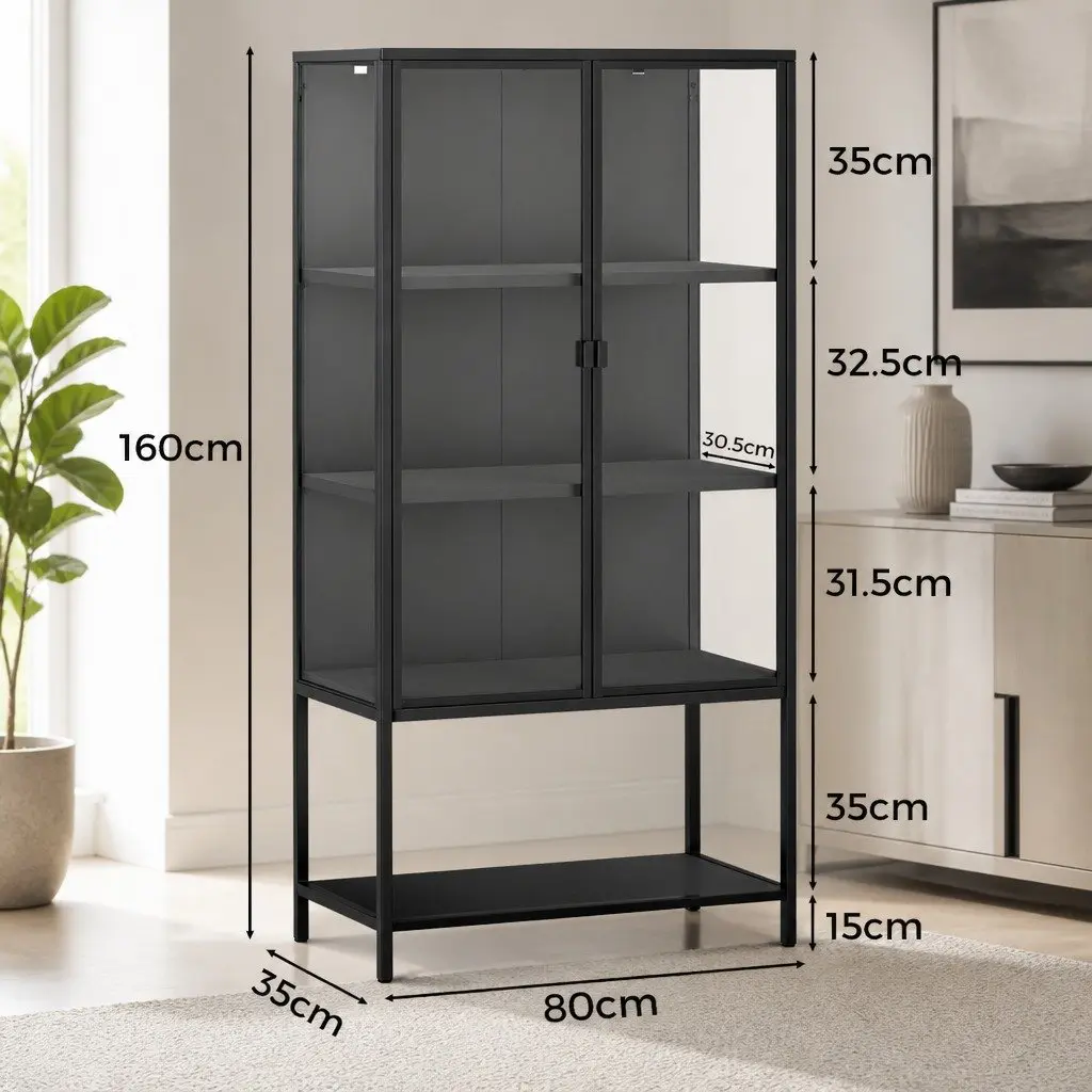 4 Tier Glass Display Cabinet 80cm Tempered Glass Storage Shelving Black