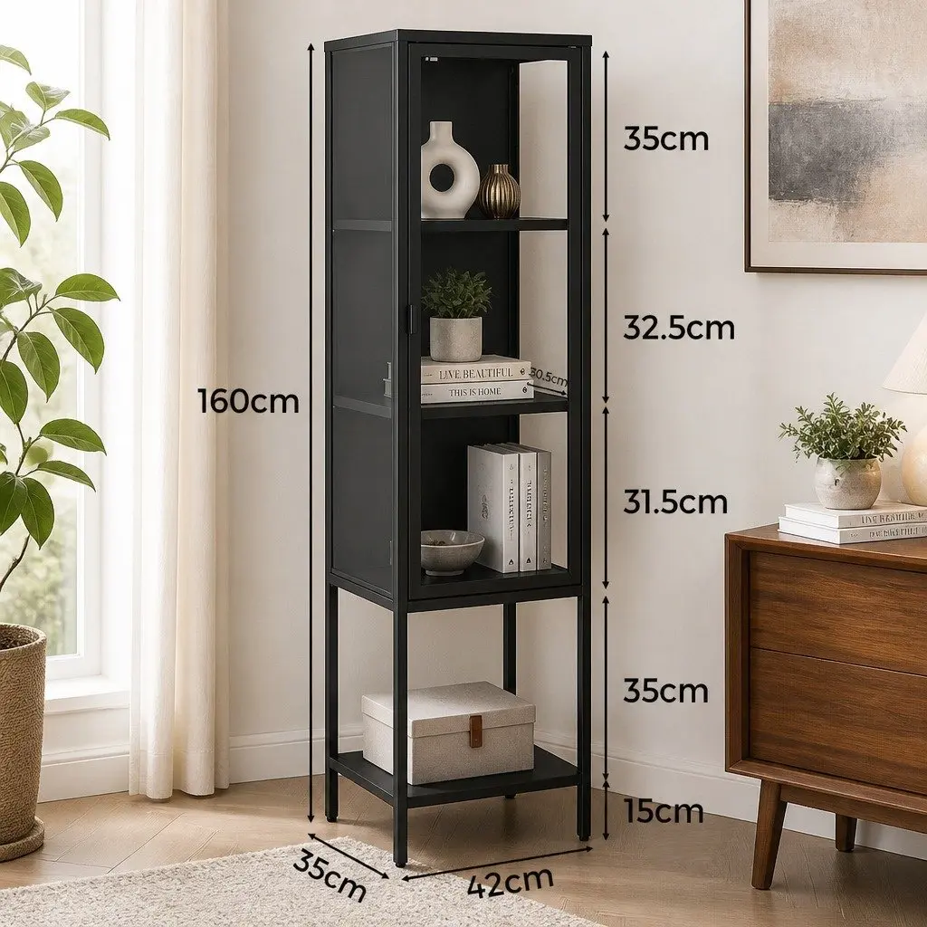 Glass Display Cabinet 4 Tier Tempered Glass Shelves Adjustable Feet Magnetic Doors Black