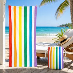 Compact Cabana Beach Towel for Travel, Striped Rainbow Design