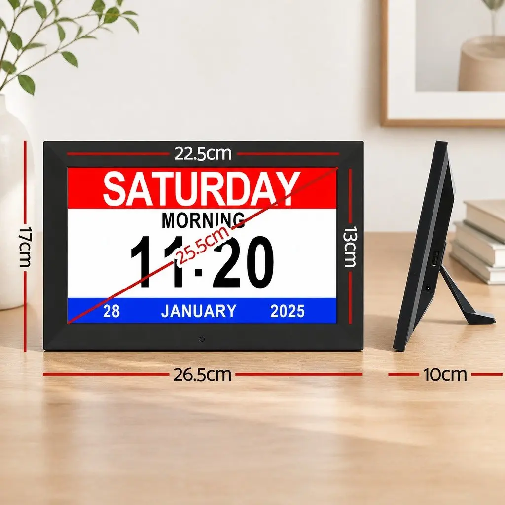 Digital Day Clock 10 Inch LCD Large Display Alarm Calendar Black