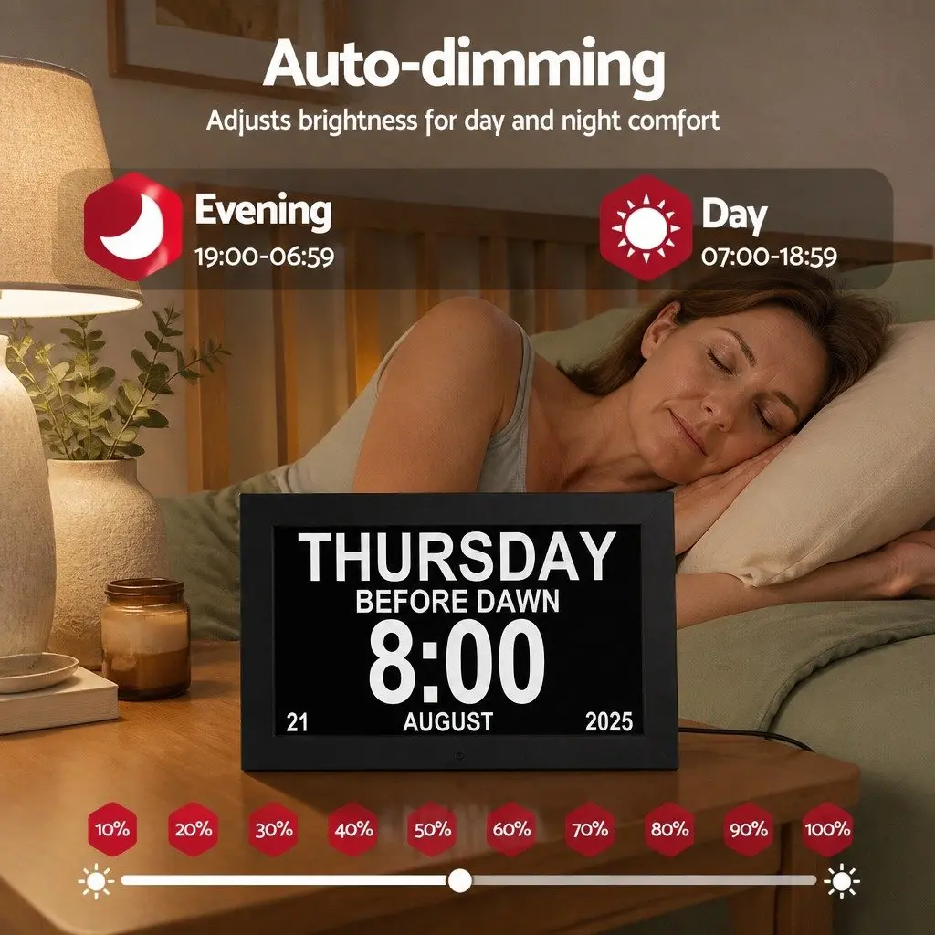 Digital Day Clock 10 Inch LCD Large Display Alarm Calendar Black