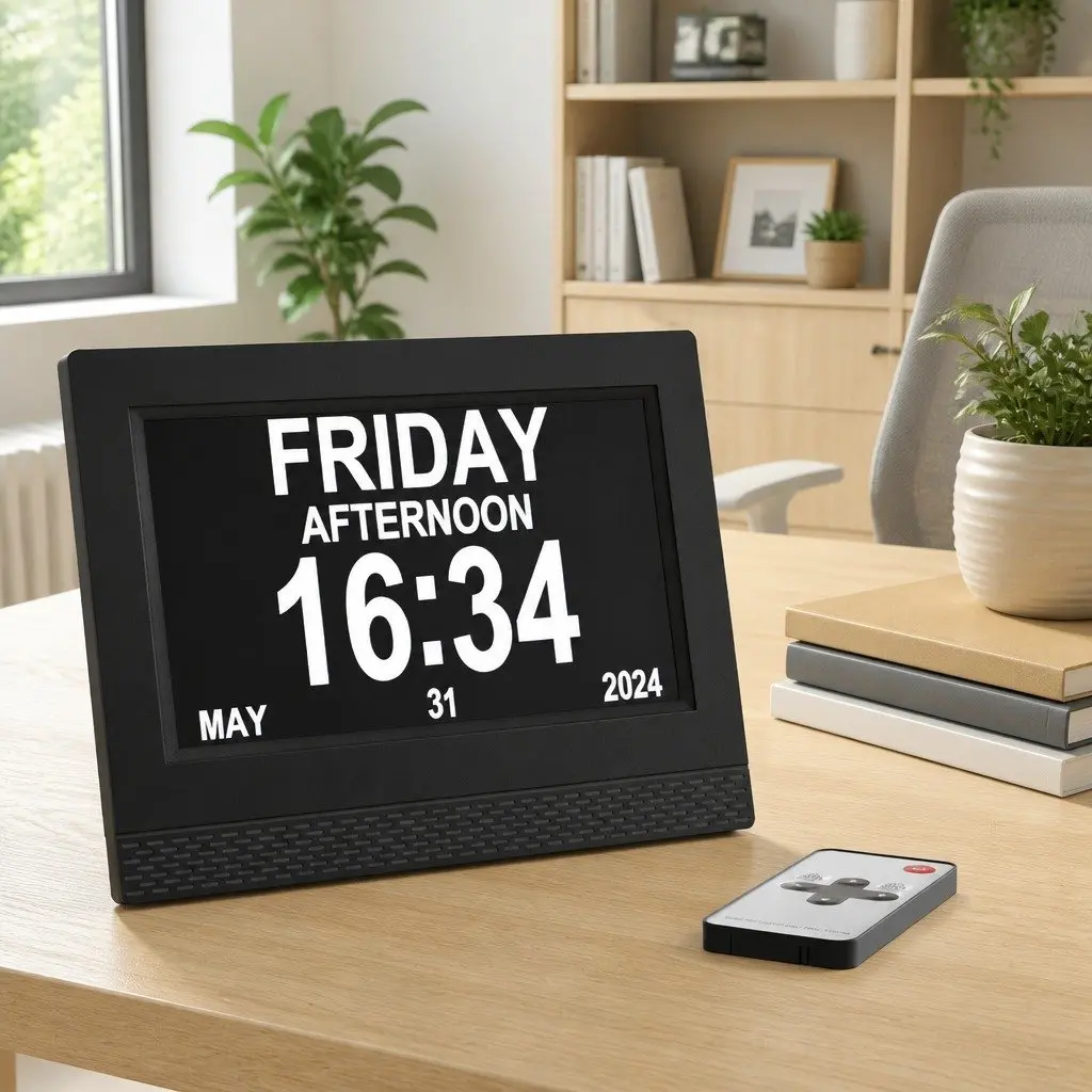 Digital Day Clock 7 Inch LCD Display with Auto Dimming Alarm and Remote Control
