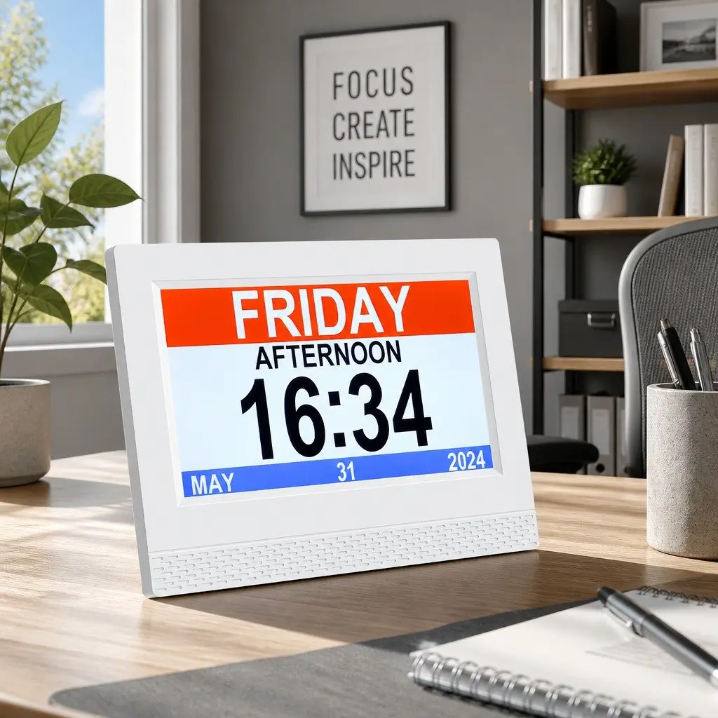 7 Inch Digital Day Clock Calendar Alarm Large LCD Display White Desk Clock