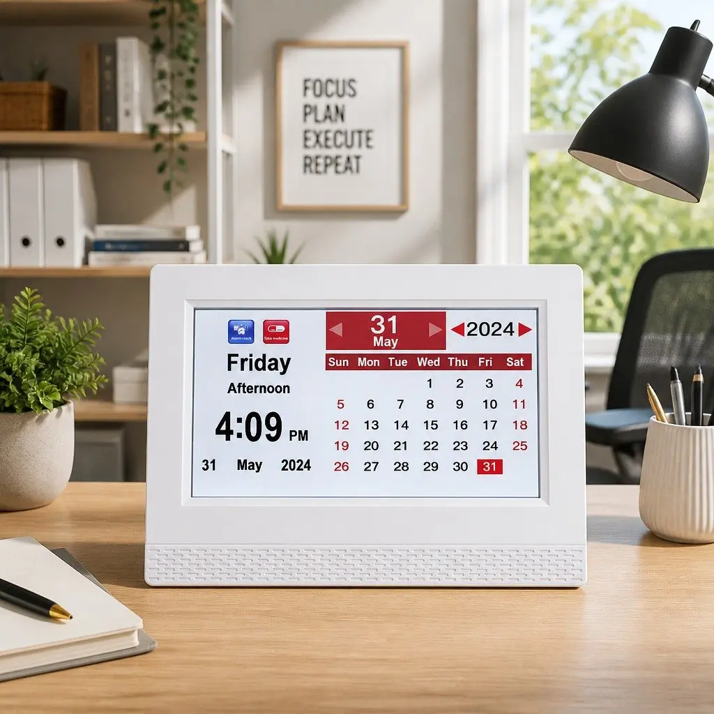 7 Inch Digital Day Clock Calendar Alarm Large LCD Display White Desk Clock