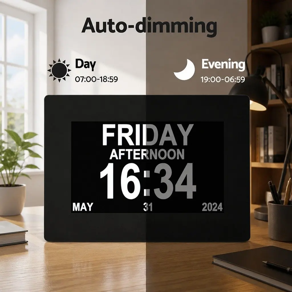 Large LCD Display Digital Day Clock with 8 Inch Screen Auto Dimming Calendar and Alarm Function for Desk or Wall Mount Black