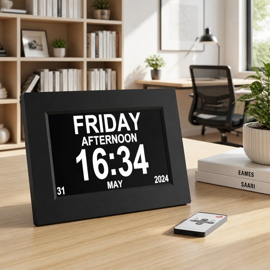 Large LCD Display Digital Day Clock with 8 Inch Screen Auto Dimming Calendar and Alarm Function for Desk or Wall Mount Black