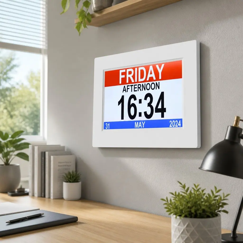 Digital Day Clock 8 Inch LCD Large Display Auto-Dimming Brightness Desk Wall Mount