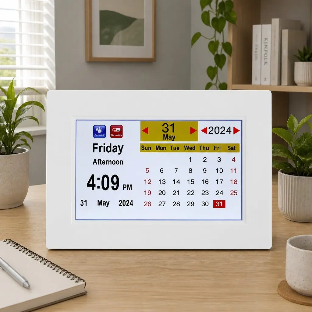Digital Day Clock 8 Inch LCD Large Display Auto-Dimming Brightness Desk Wall Mount