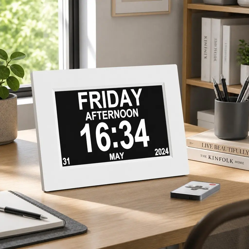 Digital Day Clock 8 Inch LCD Large Display Auto-Dimming Brightness Desk Wall Mount
