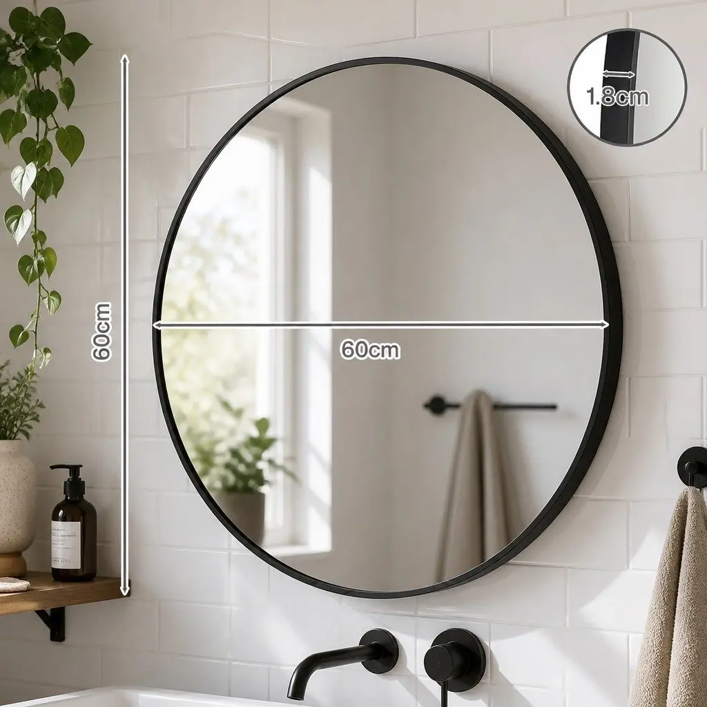 Round Wall Mirror 60cm Black Frame Tempered Glass Anti-explosion Bathroom Decor