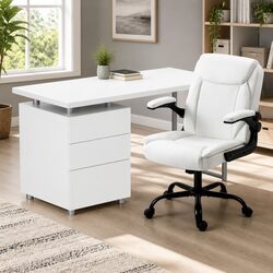 Computer Desk and Office Chair Combo Set White Contemporary Design with Storage