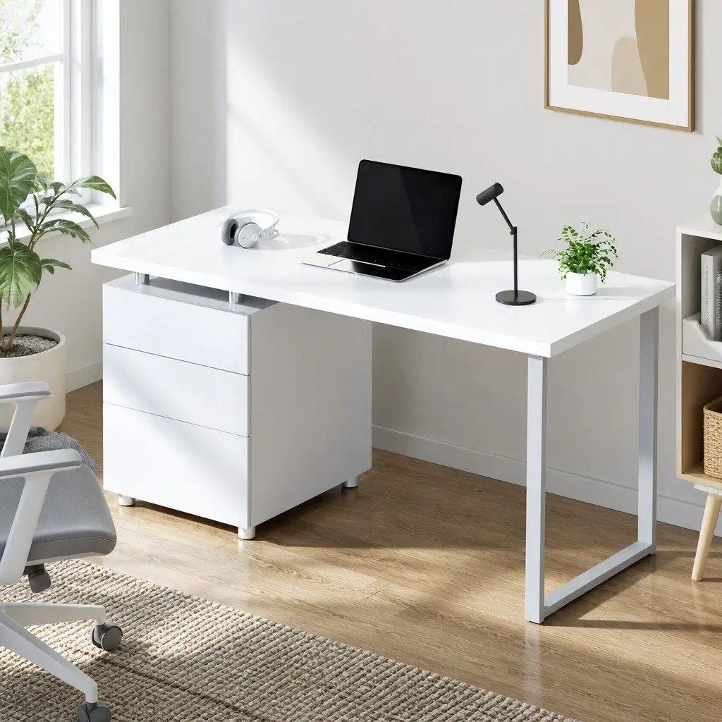 Computer Desk with 3 Drawers White 140cm Office Workstation Contemporary Design