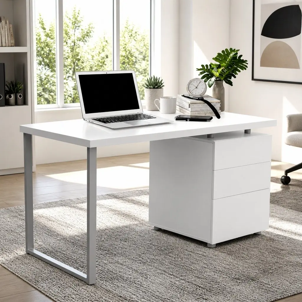 Computer Desk with 3 Drawers White 140cm Office Workstation Contemporary Design