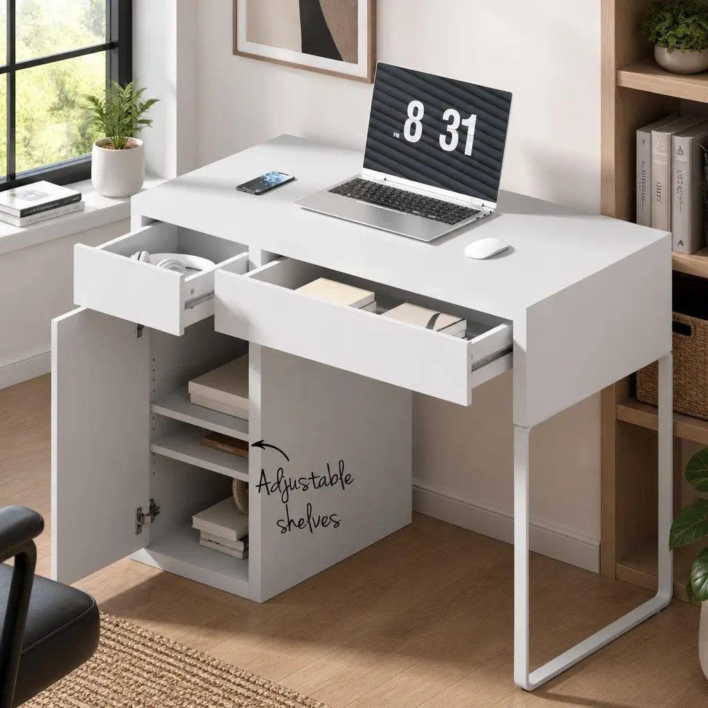 Computer Desk 105cm White 2 Drawers 3-Tier Cabinet Storage