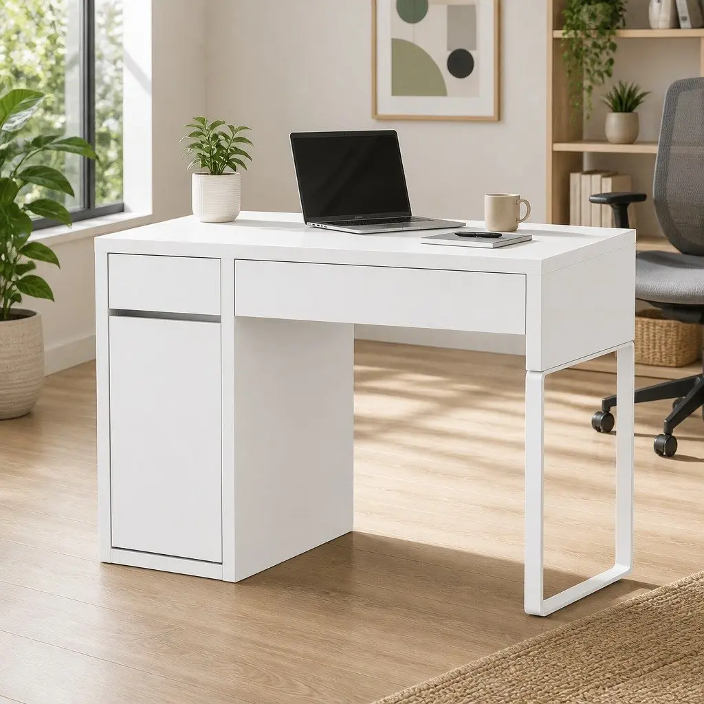 Computer Desk 105cm White 2 Drawers 3-Tier Cabinet Storage