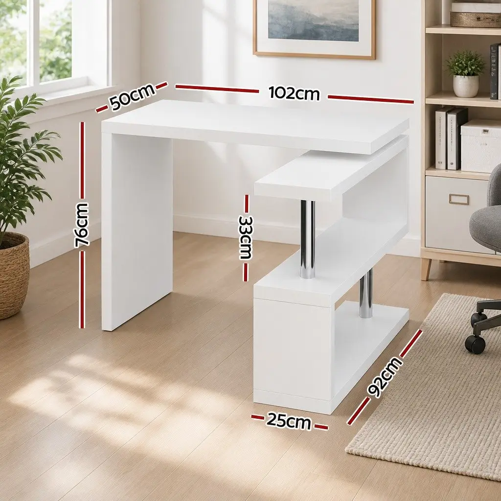 L-Shape Computer Desk with Bookshelf Rotatable Shelf Storage White Office