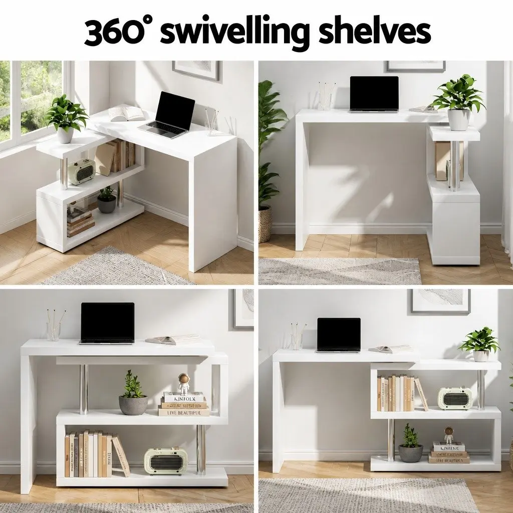 L-Shape Computer Desk with Bookshelf Rotatable Shelf Storage White Office