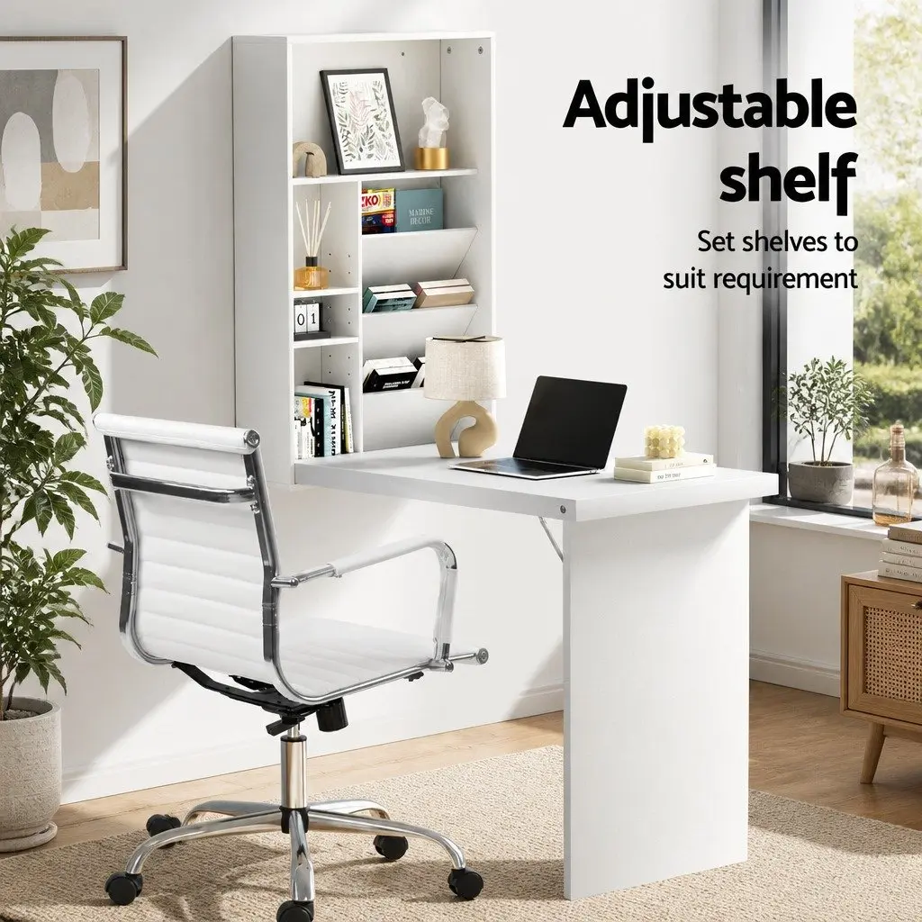 Foldable Computer Desk with Office Chair Set Wall Mounted Storage White