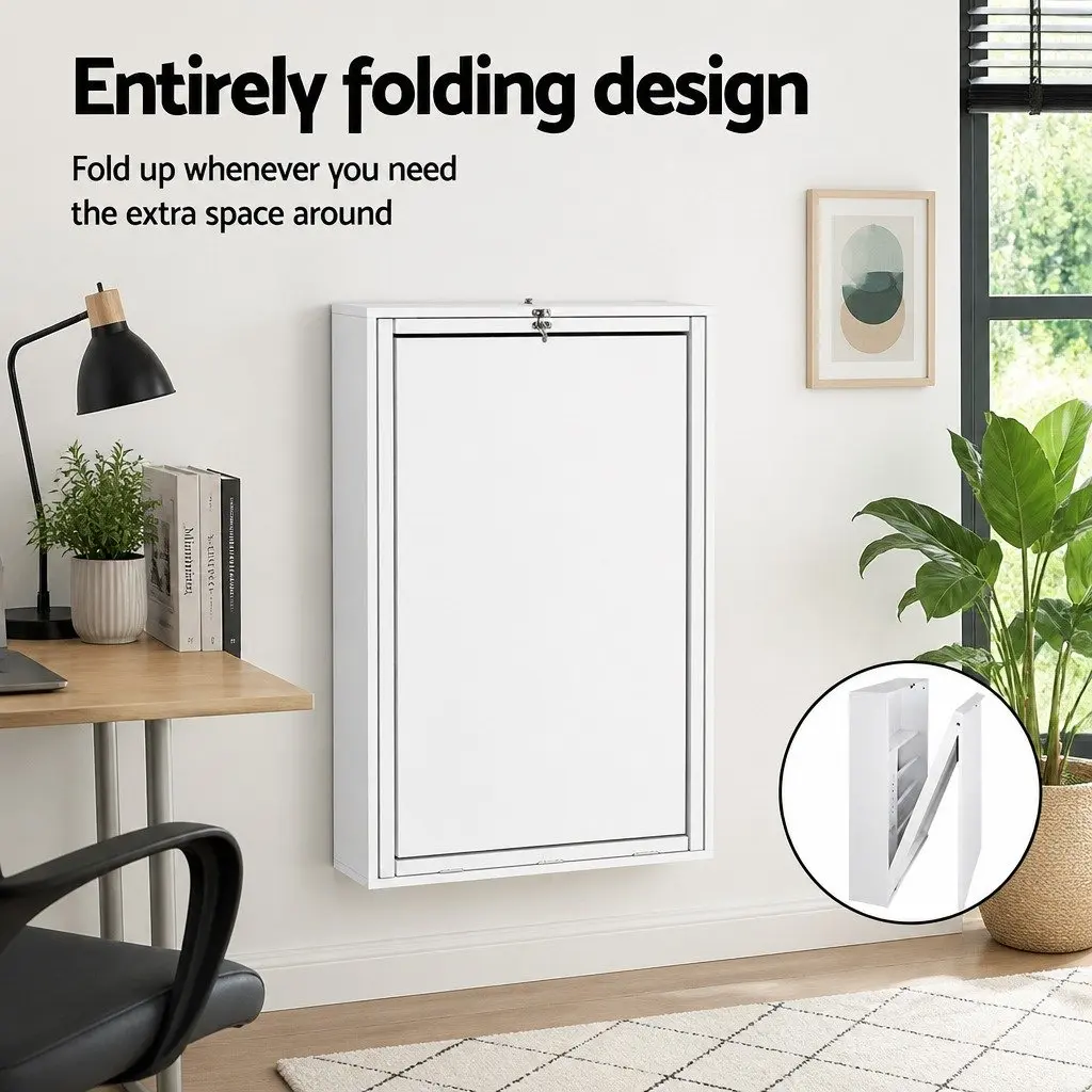 Foldable Computer Desk with Office Chair Set Wall Mounted Storage White