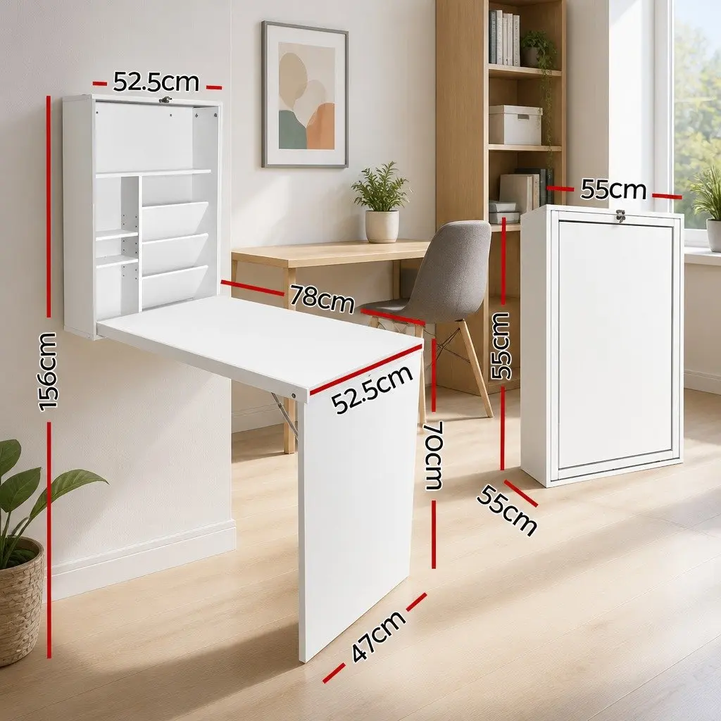 Foldable Wall Mount Computer Desk with Bookcase Storage White Fold Away Home