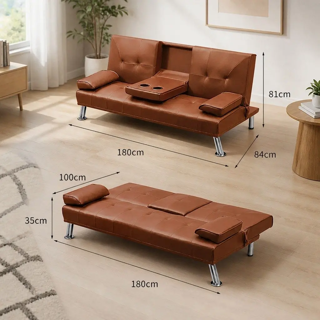 Adjustable 3-Seater Sofa Bed Recliner Foldable Brown with Cup Holders for Living Room and Bedroom