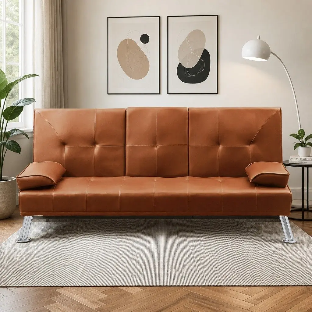 Adjustable 3-Seater Sofa Bed Recliner Foldable Brown with Cup Holders for Living Room and Bedroom