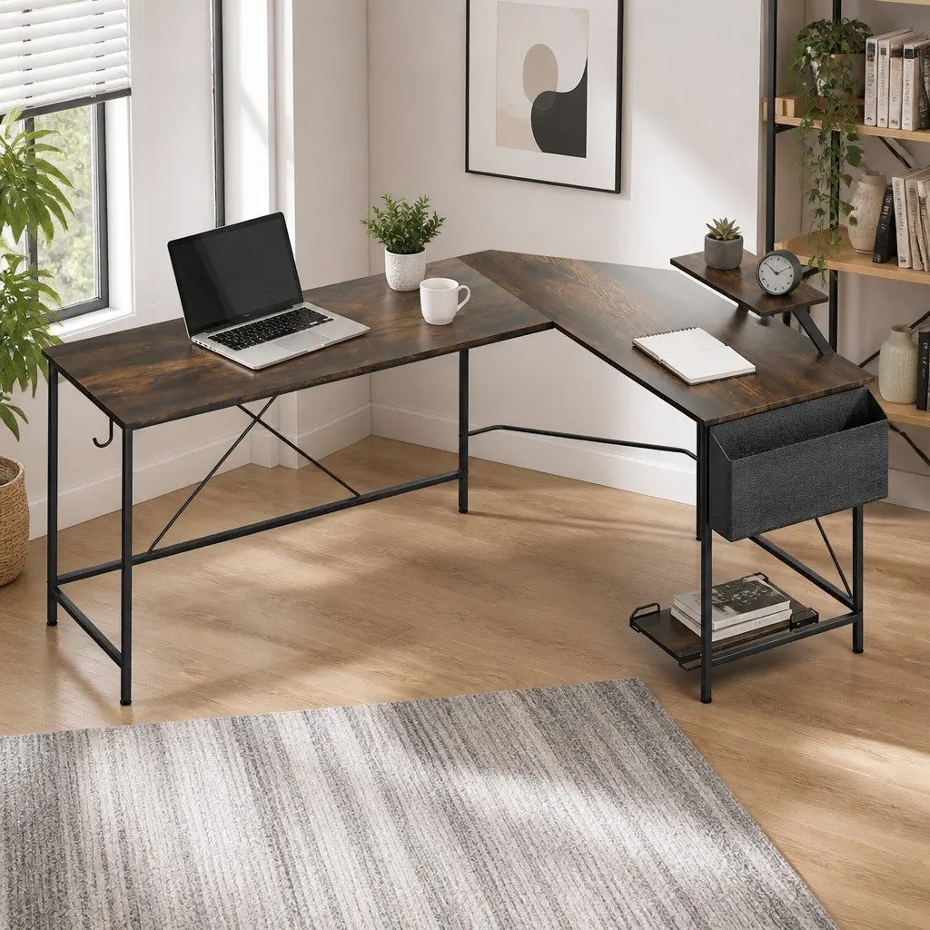 L-Shaped Corner Computer Desk 169cm Brown Integrated Monitor Stand CPU Storage