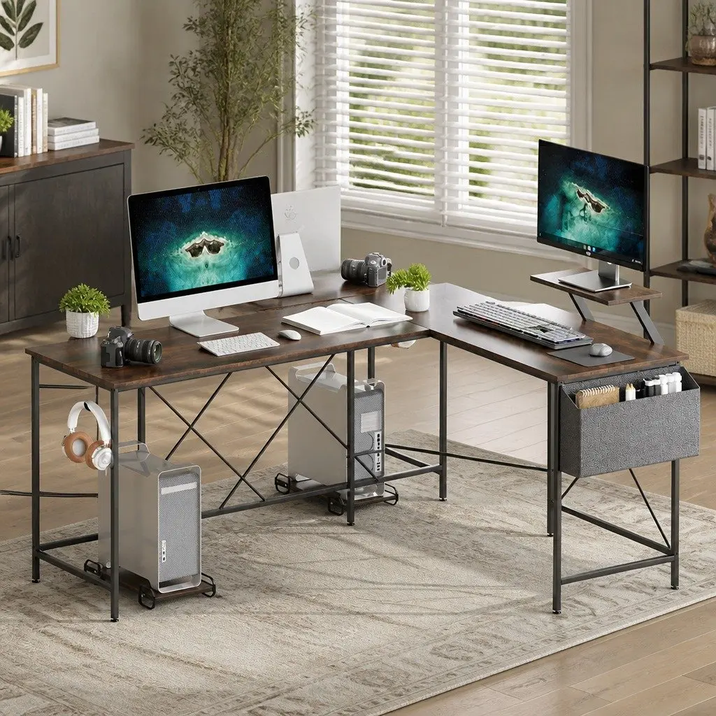 L-Shaped Corner Computer Desk 169cm Brown Integrated Monitor Stand CPU Storage