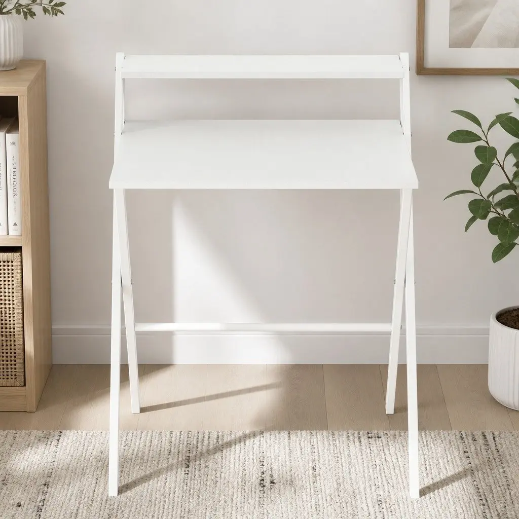 Foldable Computer Desk White Compact Workstation with Integrated Monitor Shelf
