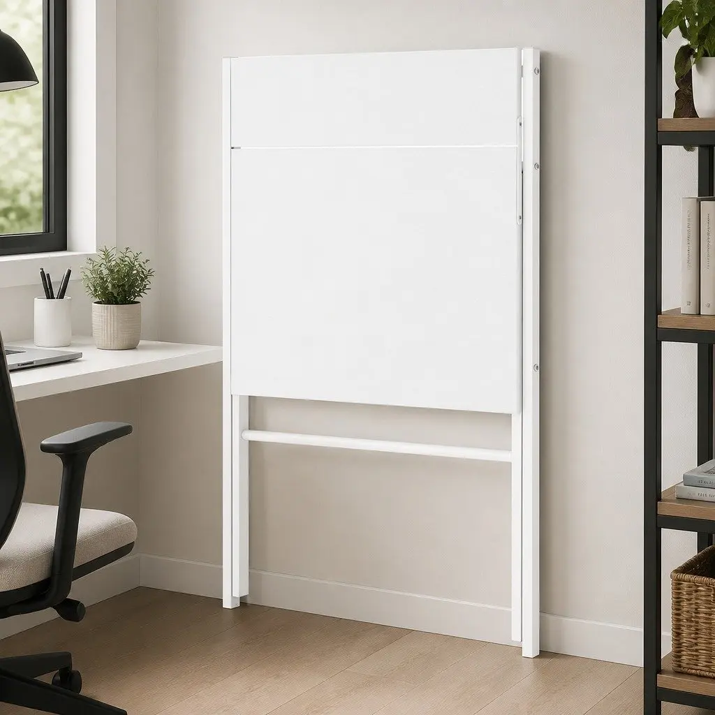 Foldable Computer Desk White Compact Workstation with Integrated Monitor Shelf