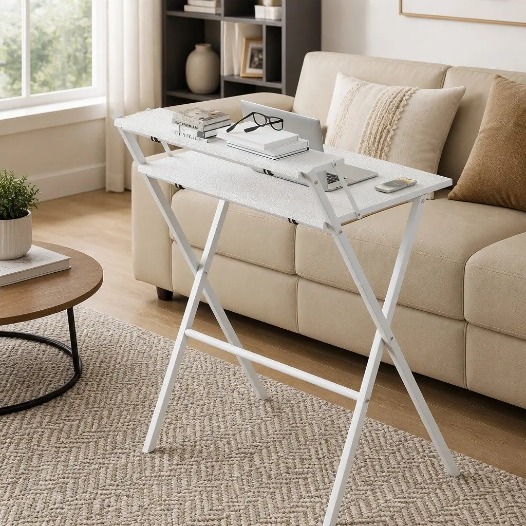 Foldable Computer Desk White Compact Workstation with Integrated Monitor Shelf