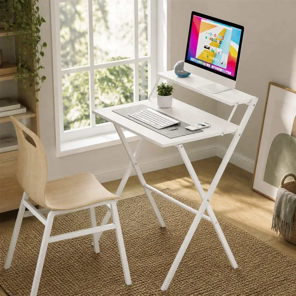 Foldable Computer Desk White Compact Workstation with Integrated Monitor Shelf