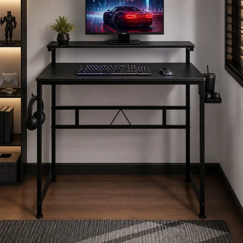 Gaming Computer Desk Adjustable Height 5-Level Structure Monitor Stand Storage Shelf Headphone Hook