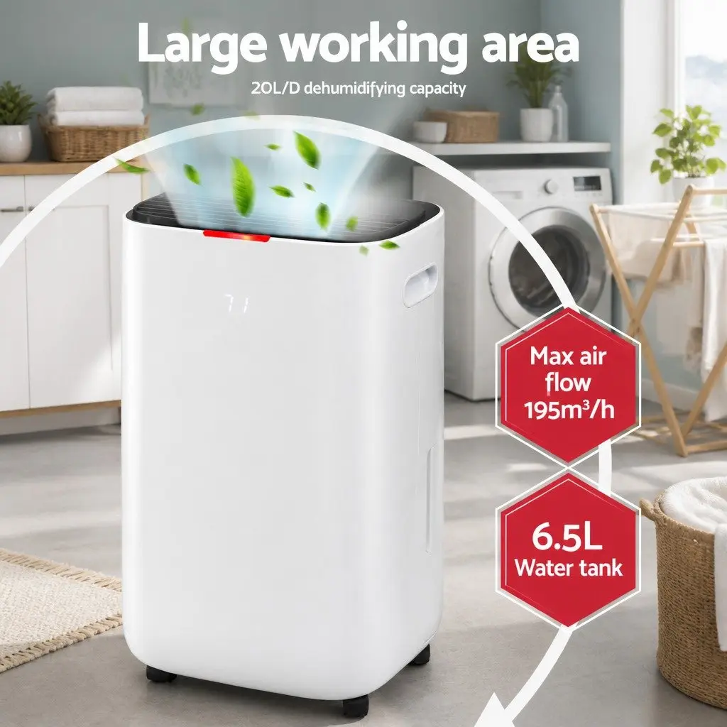 Dehumidifier 20L/Day White with Air Purifier and Fan Function for Large Rooms