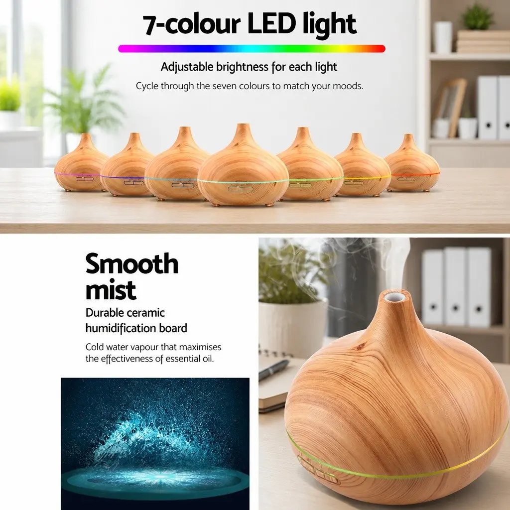 Aroma Diffuser 300ml Light Wood Ultrasonic Mist Aromatherapy Night Light 4-in-1 Function