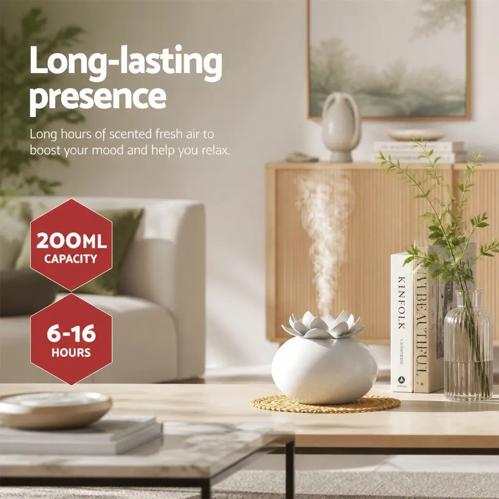 Aroma Diffuser 200ml Lotus Ceramic Ultrasonic Humidifier with Touch Control and Timer Settings