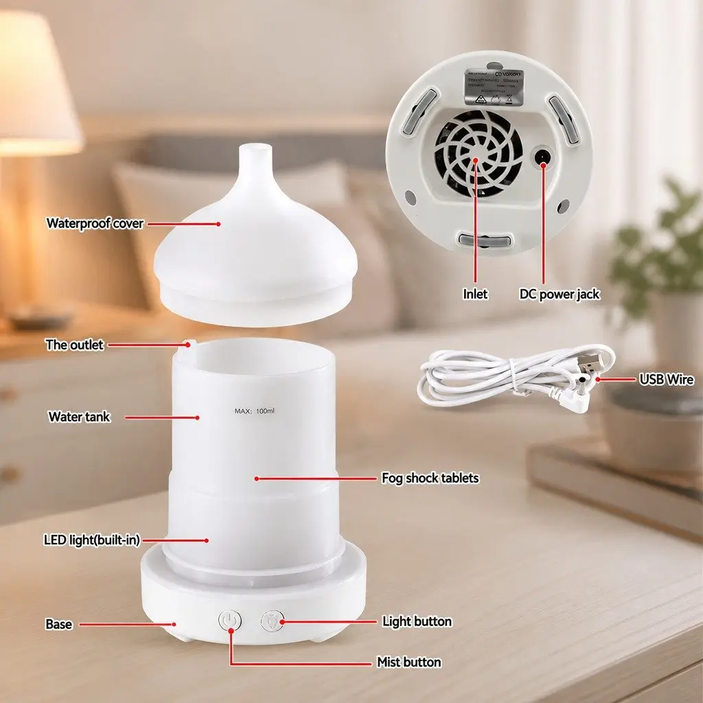 Aroma Diffuser 100ml Ultrasonic Humidifier with LED Night Light and 4-in-1 Function