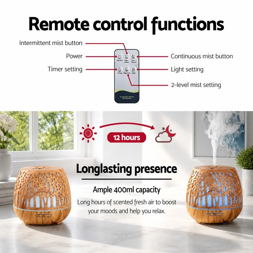 Aroma Diffuser 400ml Ultrasonic Wood Grain 4-in-1 Humidifier Night Light