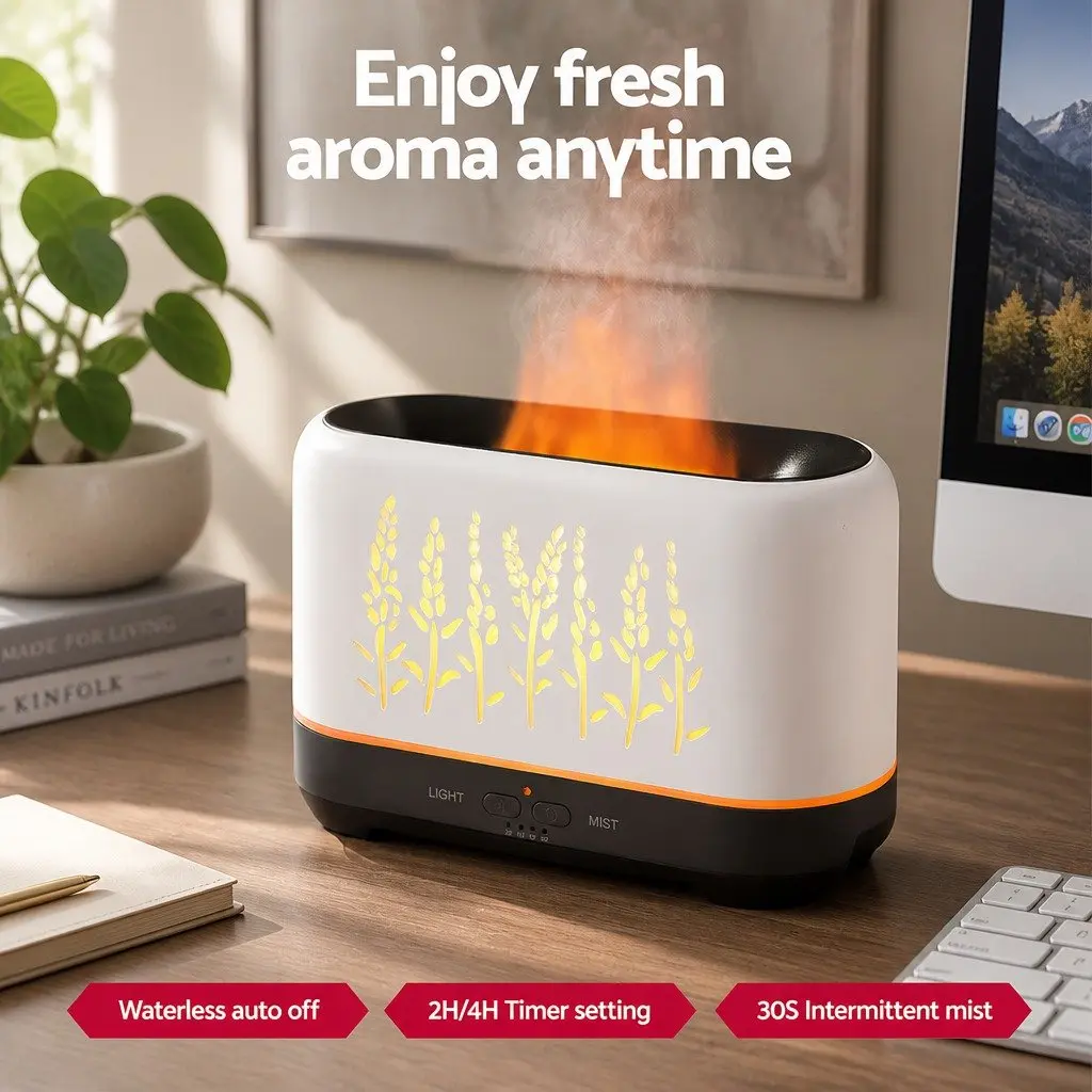 Aroma Diffuser 200ml Ultrasonic Mist Simulated Flame Effect White