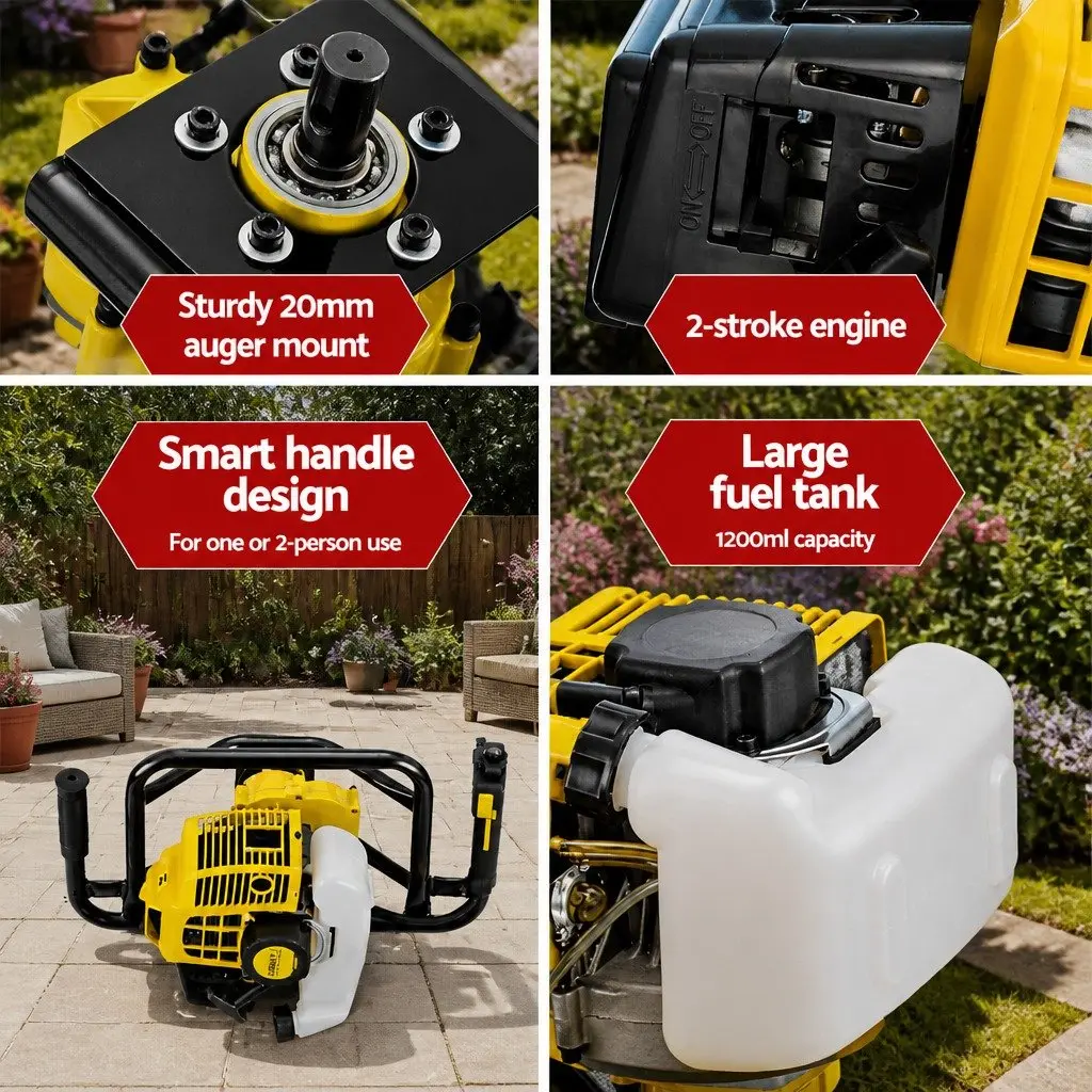 Petrol Post Hole Digger Motor 65cc 2-Stroke Engine Gearbox Power Tool Yellow