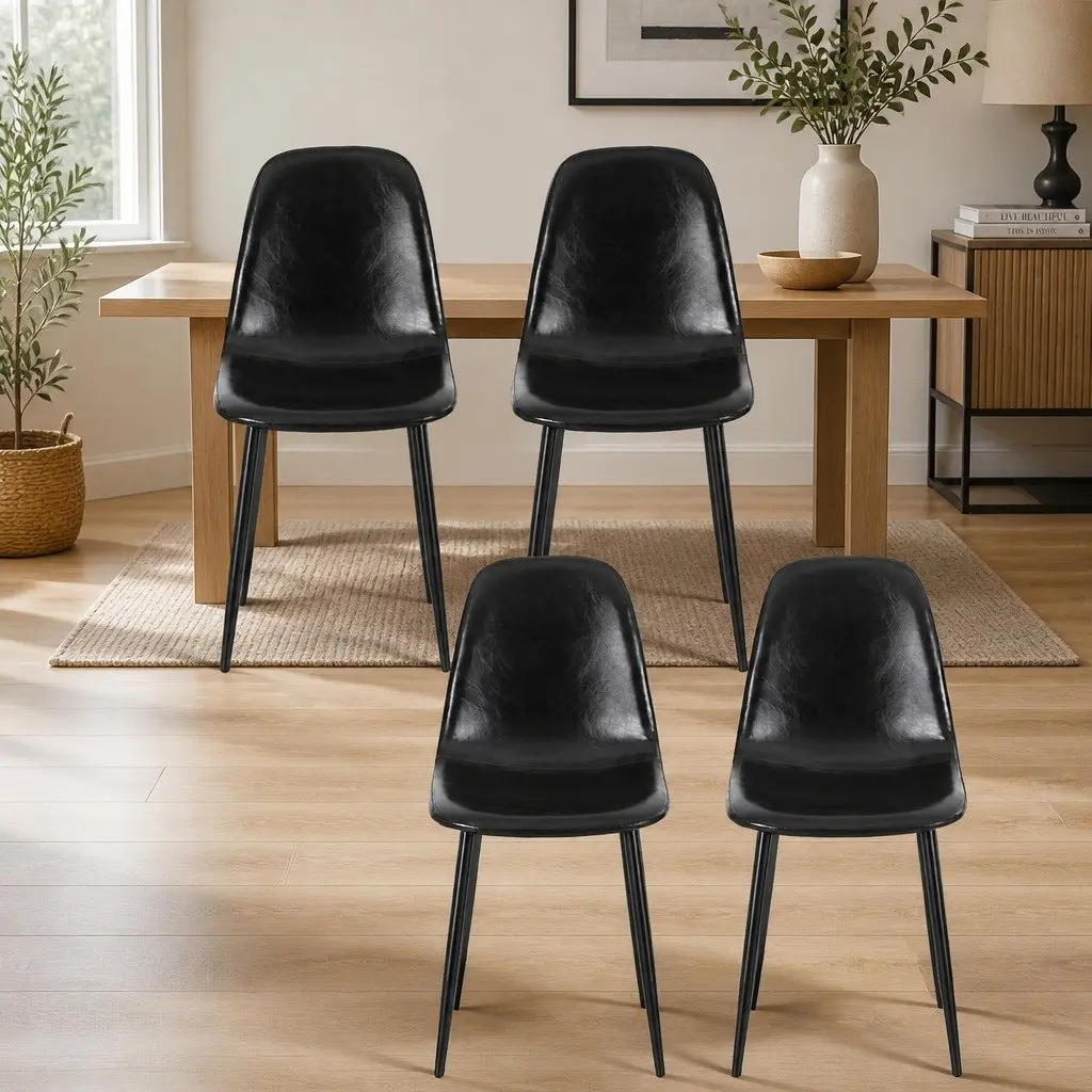 Dining Chairs Set of 4 Retro Black Ergonomic Curved Support Padded Seating