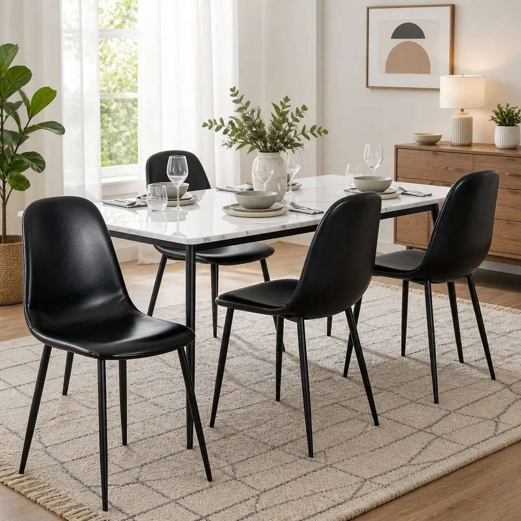 Dining Chairs Set of 4 Retro Black Ergonomic Curved Support Padded Seating