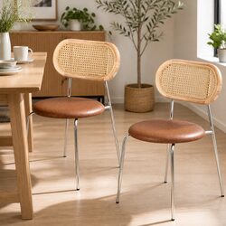 Dining Chairs Set of 2 PU Leather Rattan Backrest Kitchen Lounge Cafe Accent