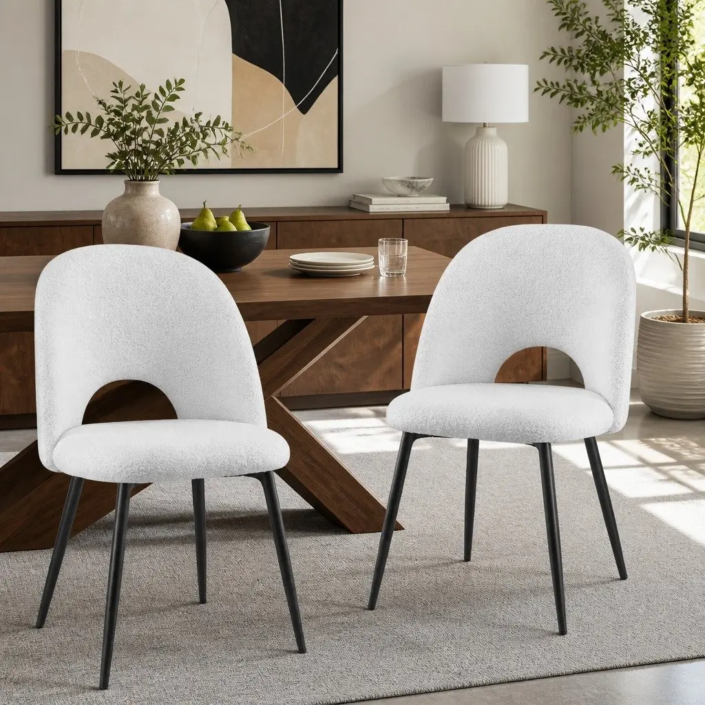 Dining Chair Set of 2 White Sherpa Upholstery Curved Backrest