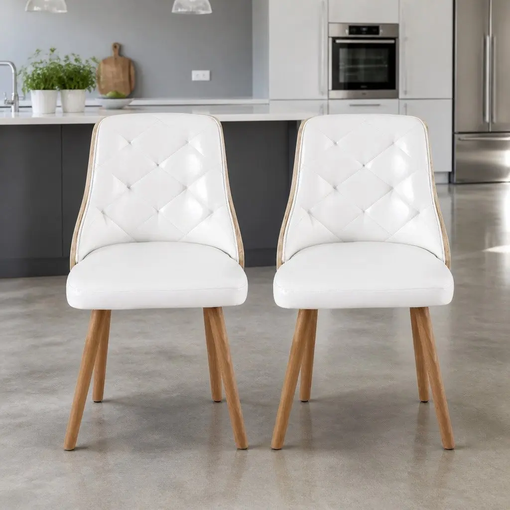 Dining Chairs Set of 2 White PU Leather Diamond Tufted Foam Padded Seat