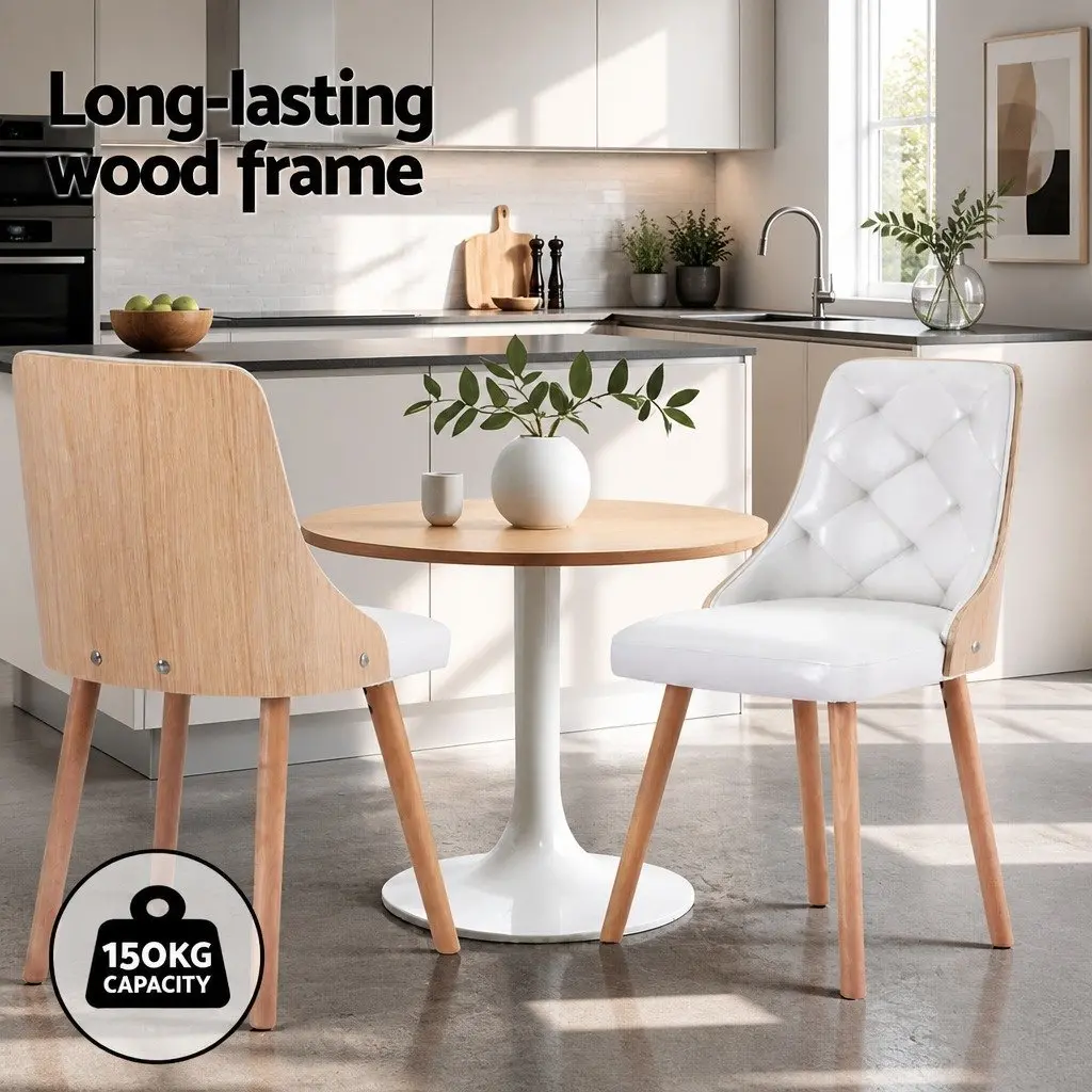 Dining Chairs Set of 2 White PU Leather Diamond Tufted Foam Padded Seat