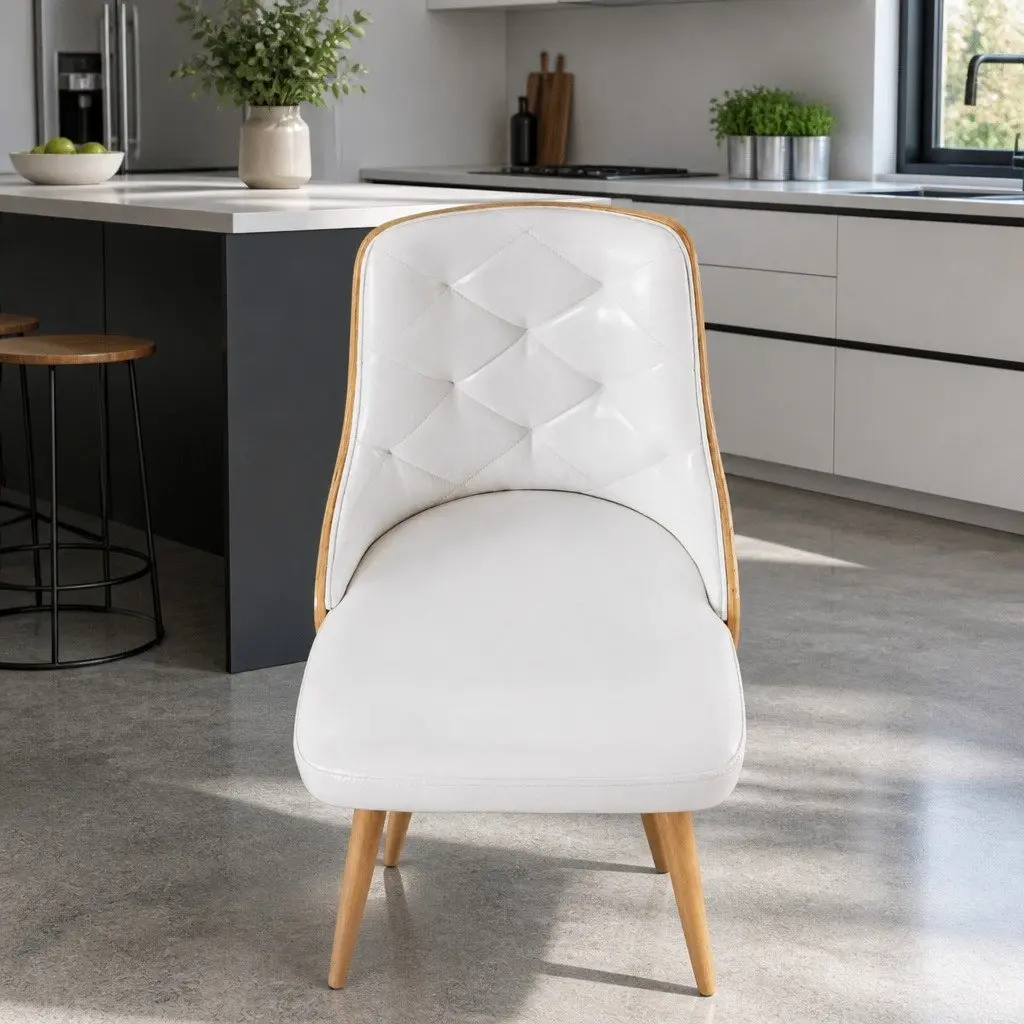 Dining Chairs Set of 2 White PU Leather Diamond Tufted Foam Padded Seat