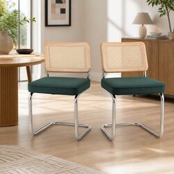 Set of 2 Green Velvet and Rattan Dining Chairs