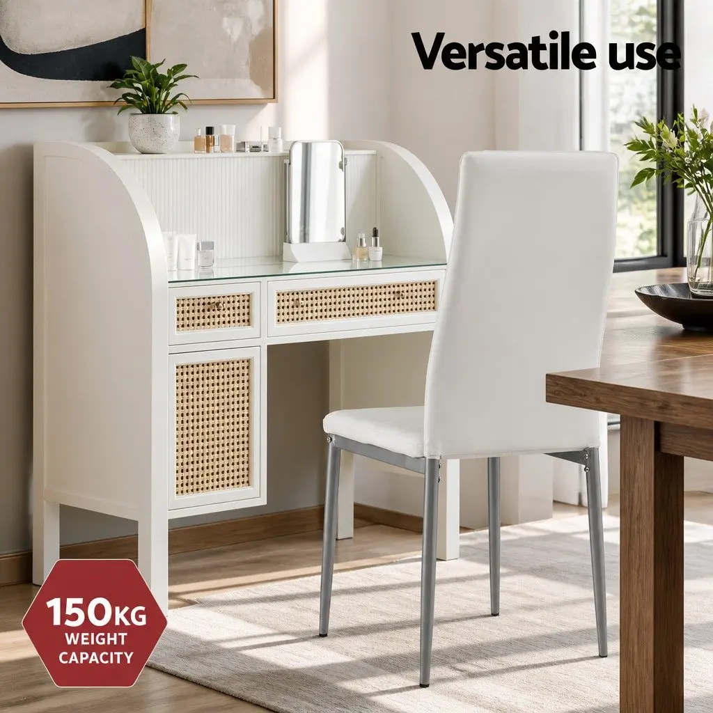 Dining Chairs Set of 4 Tall Backrest PVC Upholstered Channel Tufted White Grey Kitchen Furniture
